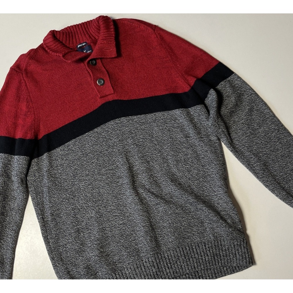 American Eagle Sweater Mens L Red Black Gray Wool Blend 1/4 Button Up Knit Top